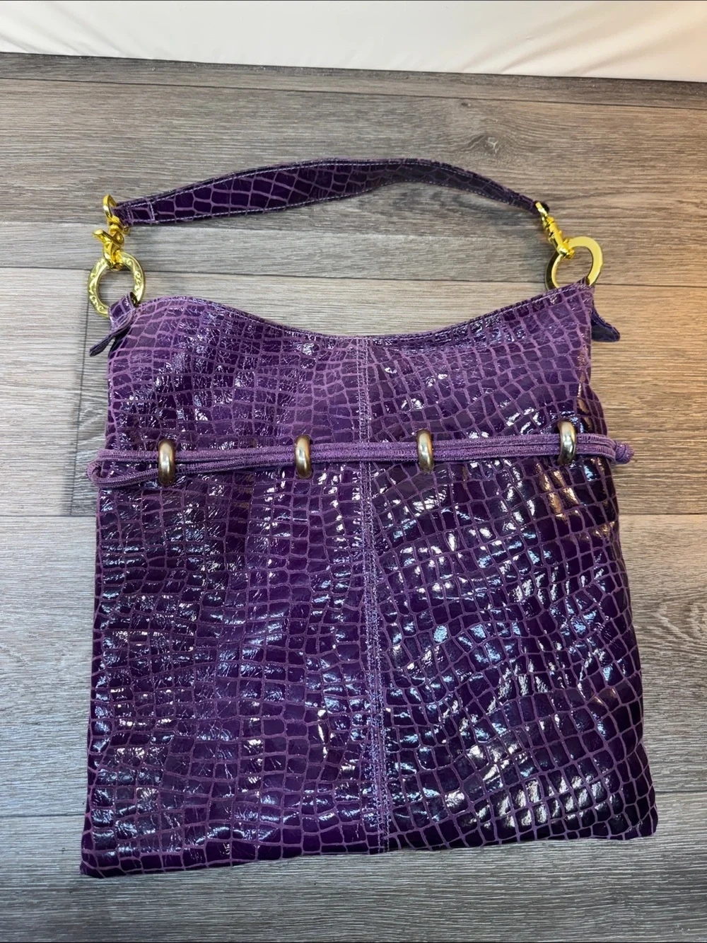 Andre Oliver Purple Croc-Embossed Shoulder Bag with Gold Hardware